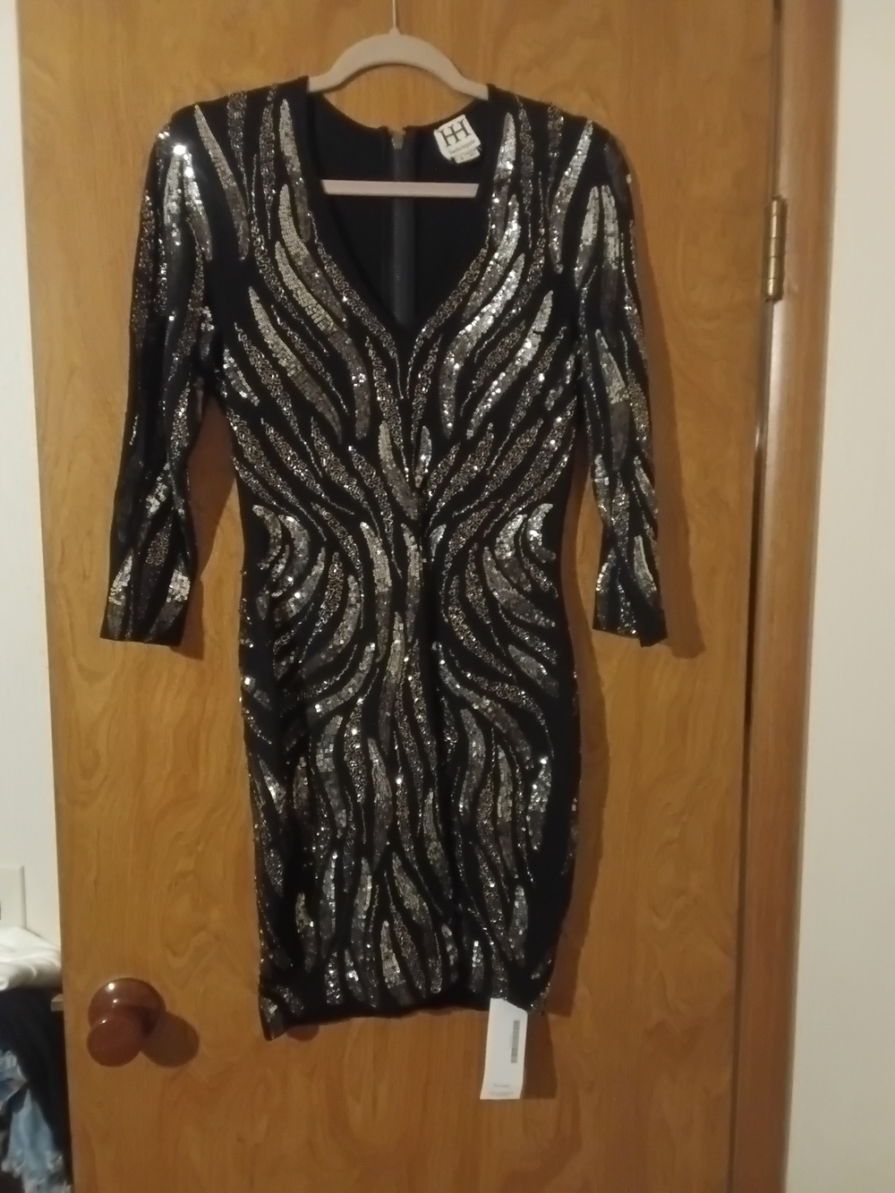 Haute Hippie Black and Silver Sequin Long Sleeve Bodycon Dress